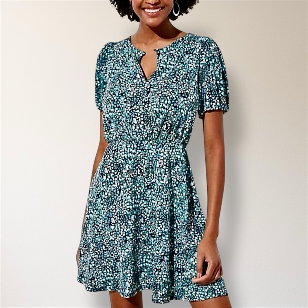 LOFT‎ Blue Micro Floral Dress Keyhole Neck Short Sleeve Spring Wedding Guest